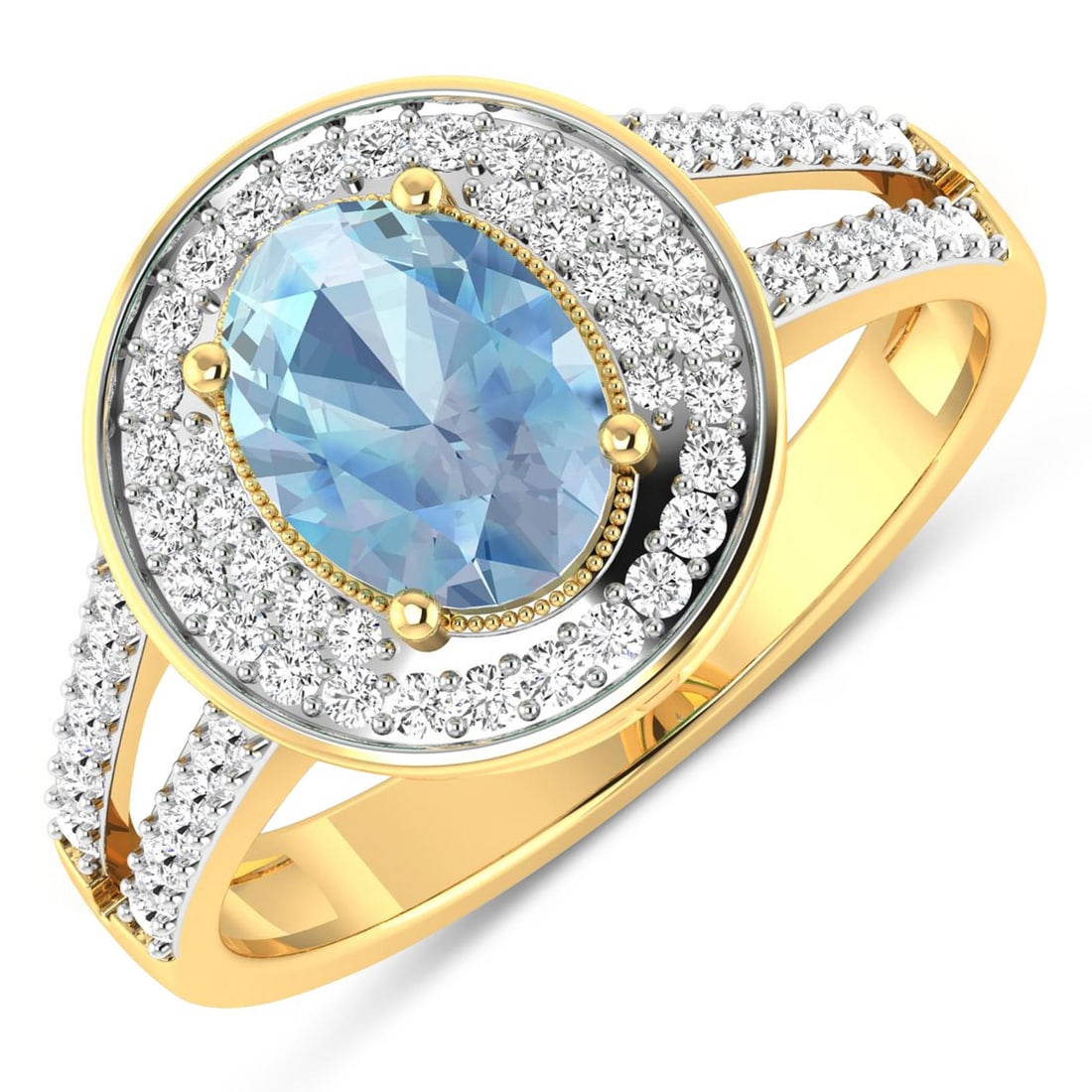 14KT Yellow Gold 0.96ctw Aquamarine and Diamond Ring: Aquamarine (AA+) Oval 8x6mm - 1Pc + White Diamond F/C Round 1.10mm - 24Pcs + White Diamond F/C Round 1.00mm - 40Pcs ( White Pan Rhodium ) ( I1-I2/I color ) Total weight of gemstone is 0.96cts. Total
