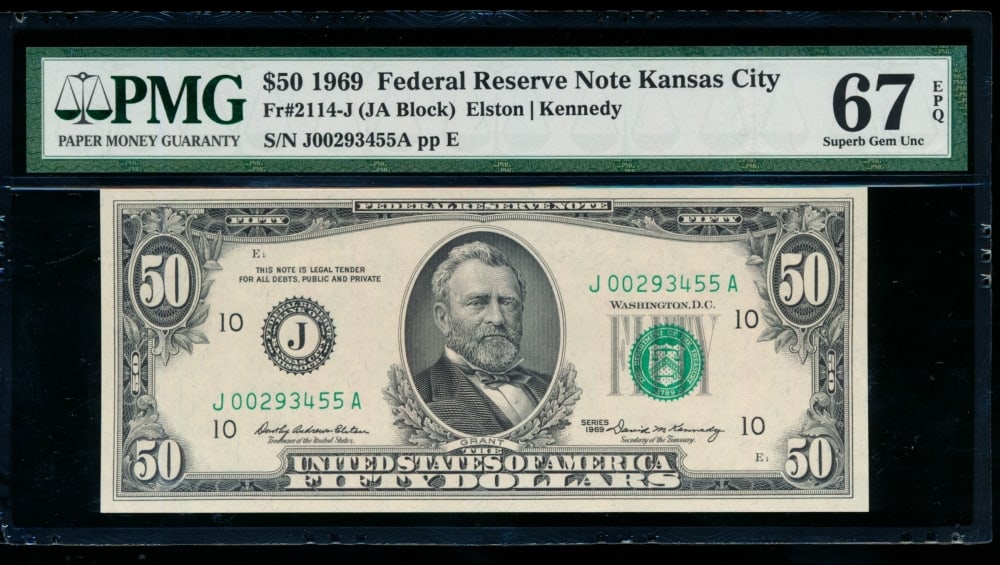 1969 $50 Kansas City FRN PMG 67EPQ: One 1969 $50 Kansas City FRN PMG 67EPQ.