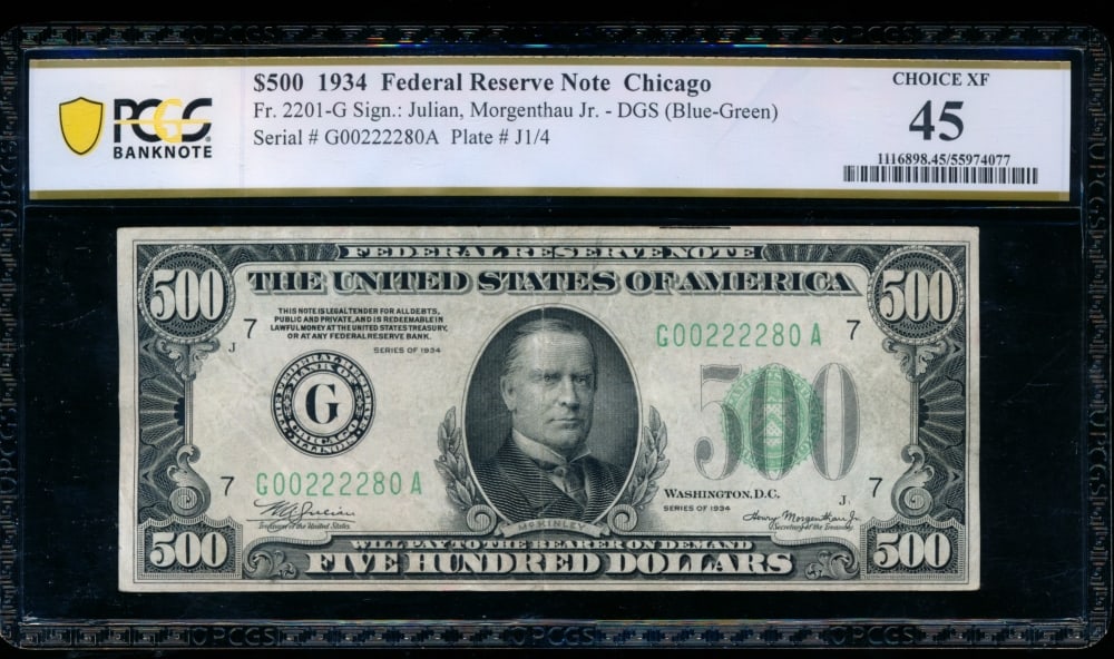 1934 $500 Chicago FRN PCGS 45: One 1934 $500 Chicago FRN PCGS 45.