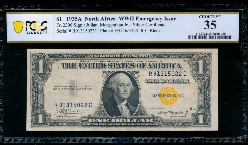 1935A $1 N Africa Silver Certificate PCGS 35 (1 of 2)