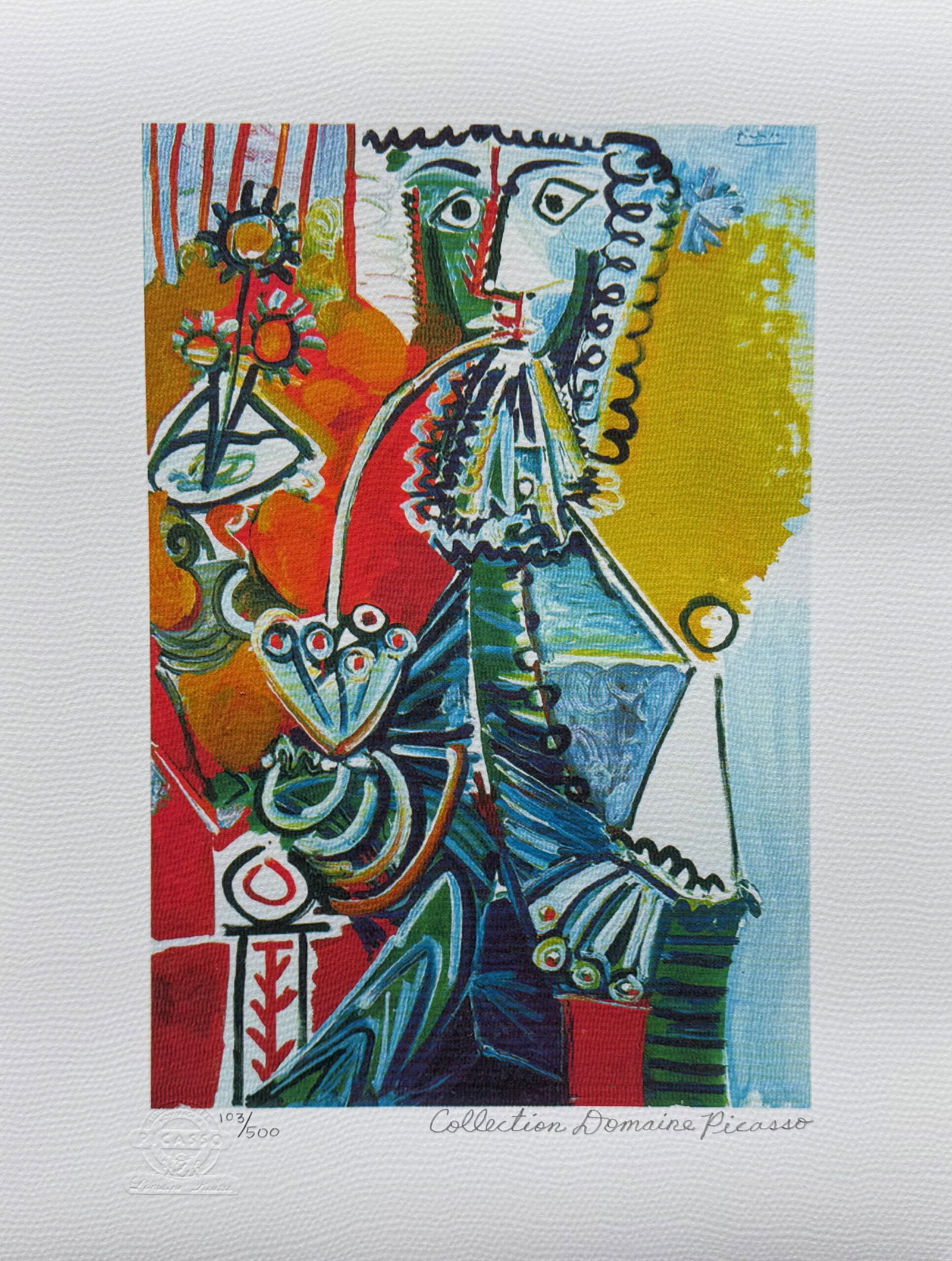 Pablo Picasso MUSKETEER WITH PIPE Estate Signed Limited Edition Giclee: This is a PABLO PICASSO (ESTATE COLLECTION DOMAINE) (1881-1973) giclee titled MUSKETEER WITH PIPE. This piece is pencil signed on the lower right as Collection Domaine Picasso and has an embossed seal