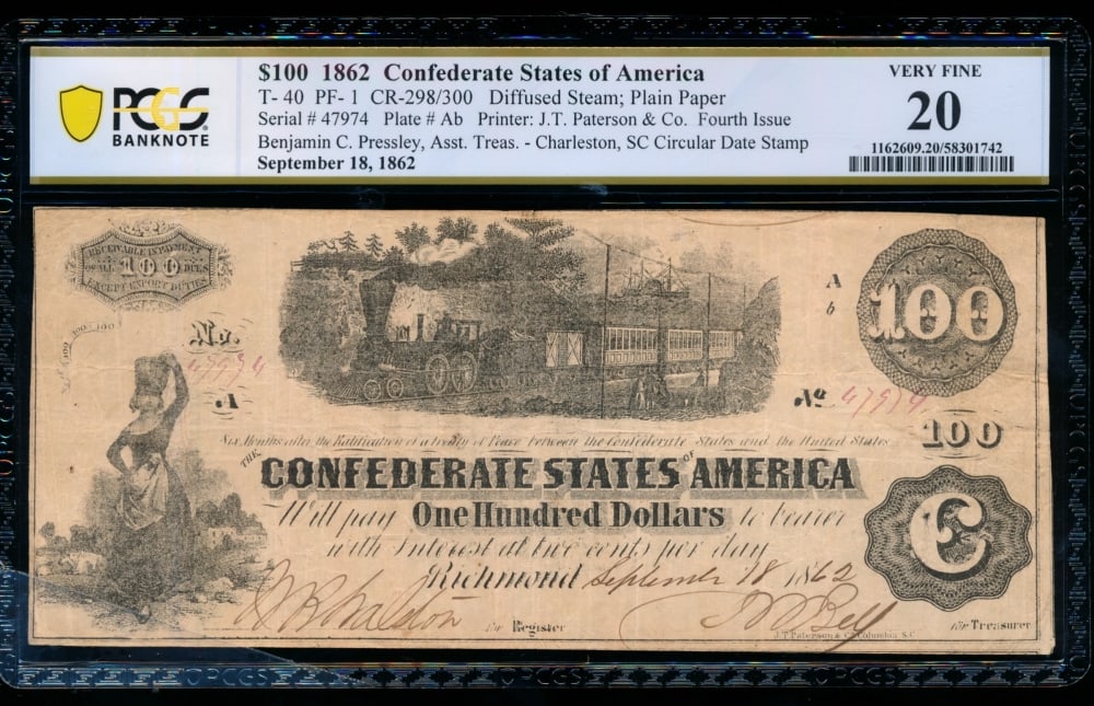 1862 $100 T-40 Confederate PCGS 20 (1 of 2)