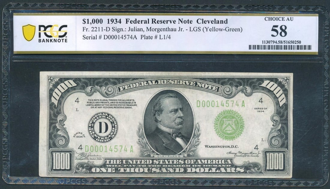 1934 $1000 Cleveland FRN PCGS 58