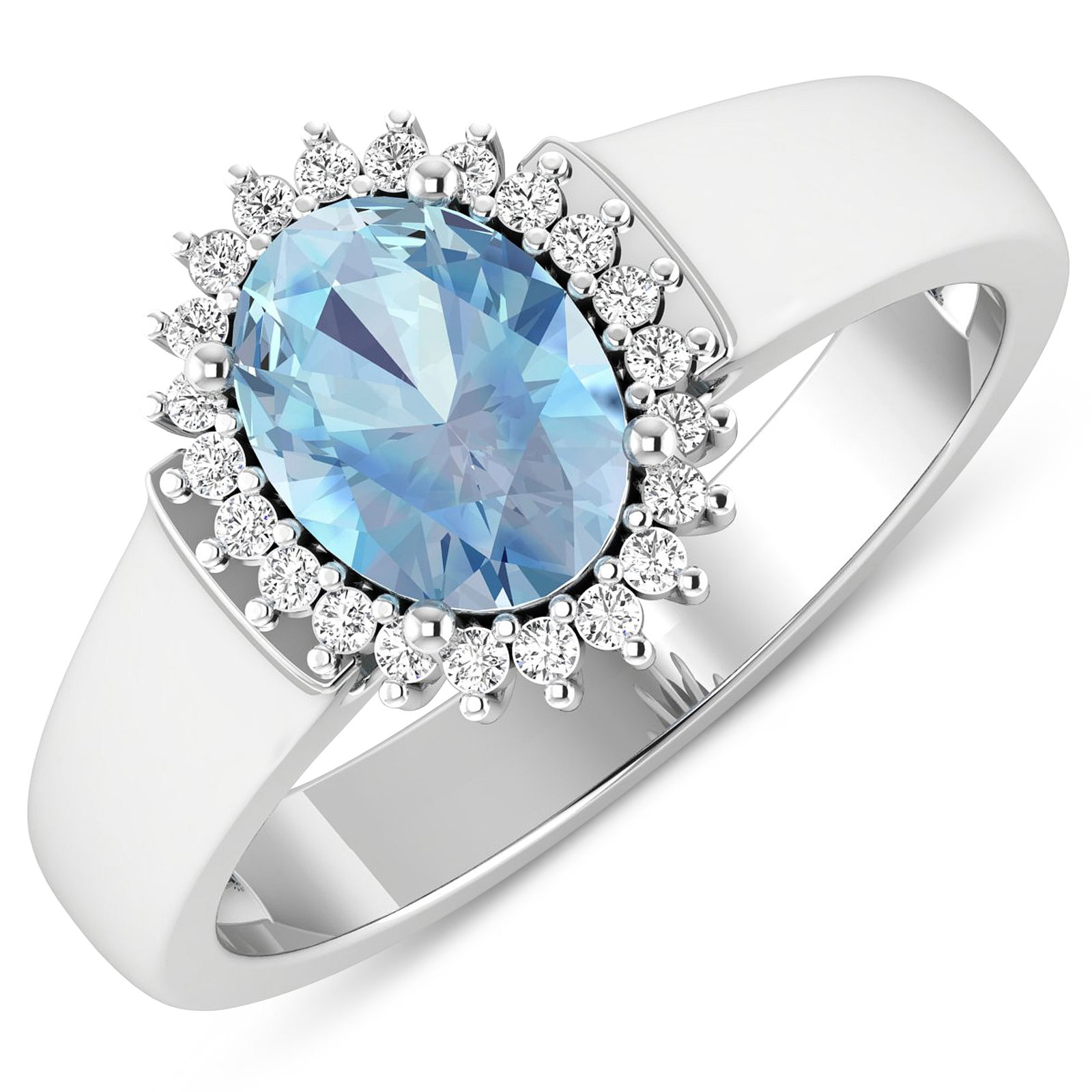 14KT White Gold 0.96ct Aquamarine and Diamond Ring: Aquamarine (AA+) Oval 8x6mm - 1Pc + White Diamond F/C Round 1.00mm - 22Pcs (I1-I2/I color). Total weight of gemstone is 0.96cts. Total weight of Diamonds is 0.1cts. Total weight of this ring is 3.97