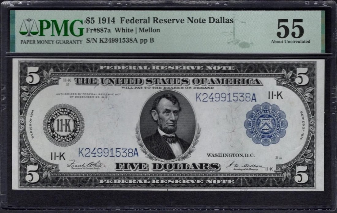 1914 $5 Dallas FRN PMG 55: One 1914 $5 Dallas FRN PMG 55.