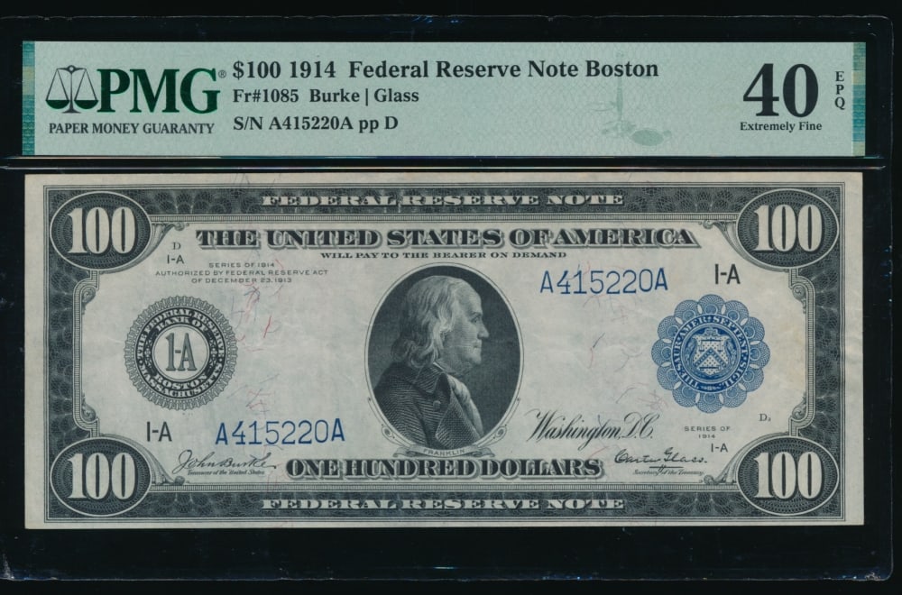 1914 $100 Boston FRN PMG 40EPQ: One 1914 $100 Boston FRN PMG 40EPQ.