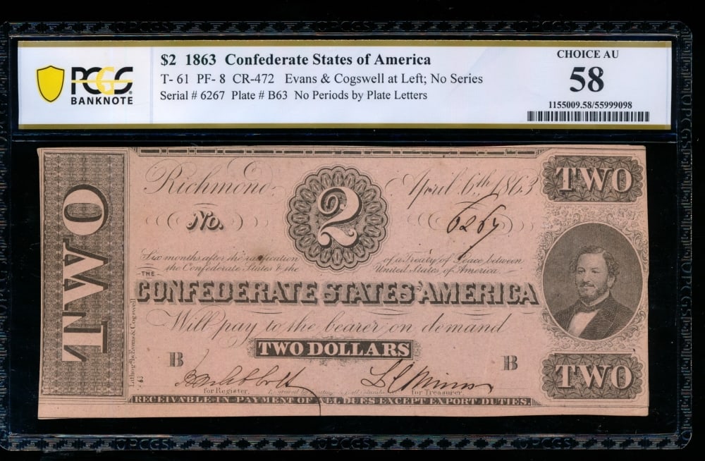 1863 $2 T-61 Confederate PCGS 58 (1 of 2)