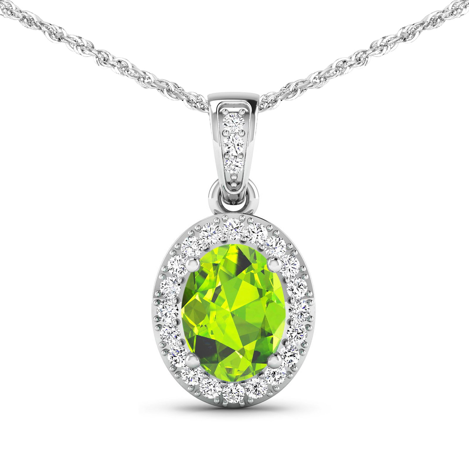 14KT White Gold 1.05ct Peridot and Diamond Pendant with Chain: 1 Peridot stone with a total weight of 1.05cts. Peridot Oval 8x6mm - 1Pc + White Diamond F/C Round 1.20mm - 22Pcs + White Diamond F/C Round 1.10mm - 1Pc ( I1-I2/I color ). Diamonds with a total weight