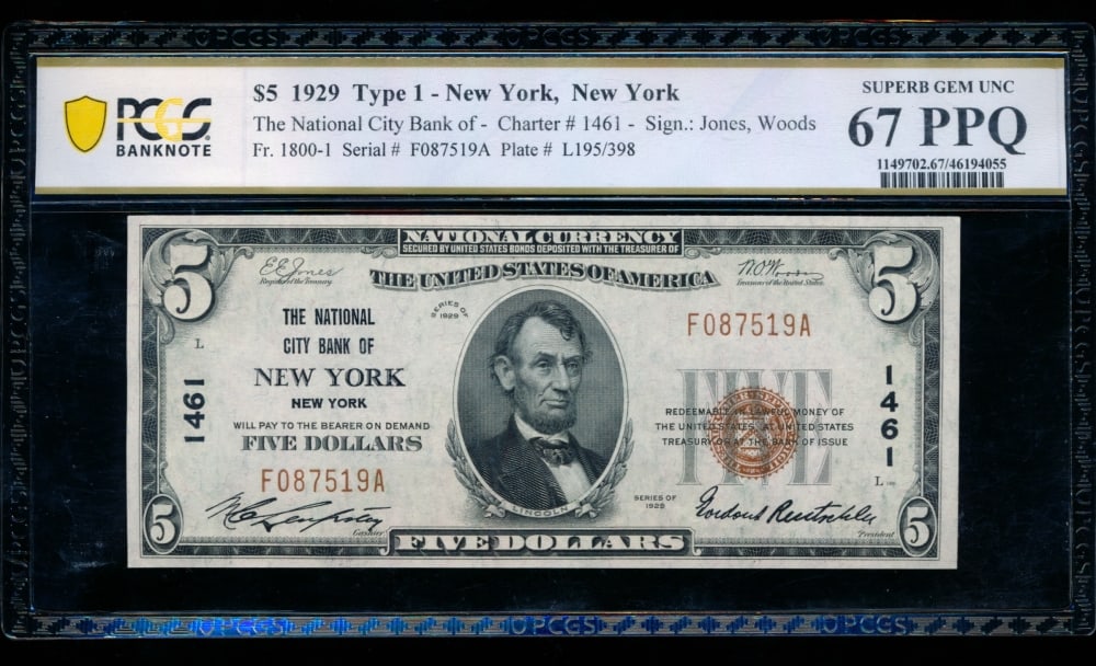 1929 $5 New York NY National PCGS 67PPQ: One 1929 $5 New York NY National PCGS 67PPQ.