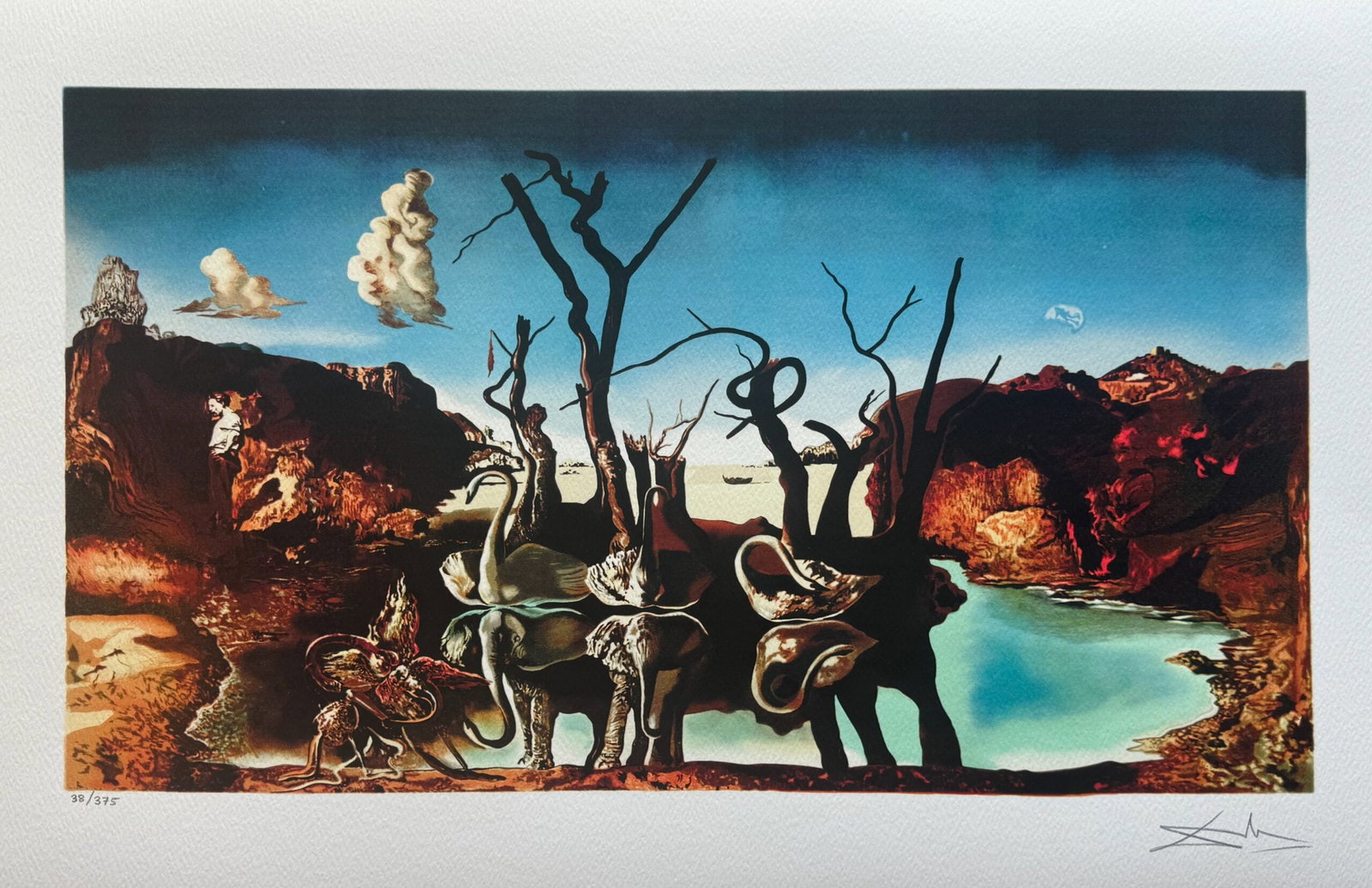 Salvador Dali SWANS REFLECTING ELEPHANTS Signed Limited Edition Giclee: This is a limited edition giclee titled SWANS REFLECTING ELEPHANTS by Salvador Dali. This piece is facsimile signed on the lower right. Pencil numbered from an edition of 375. Paper with border