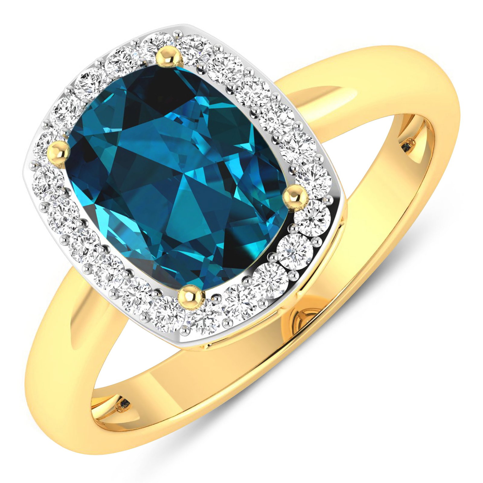 14KT Yellow Gold 1.95ctw London Blue Topaz and Diamond Ring: London Blue Topaz Cushion 9x7mm - 1Pc + White Diamond F/C Round 1.30mm - 22Pcs ( White Pan Rhodium ) (SI2/HI color) Total weight of gemstone is 1.95cts. Total Diamond weight is 0.22cts. Total weight