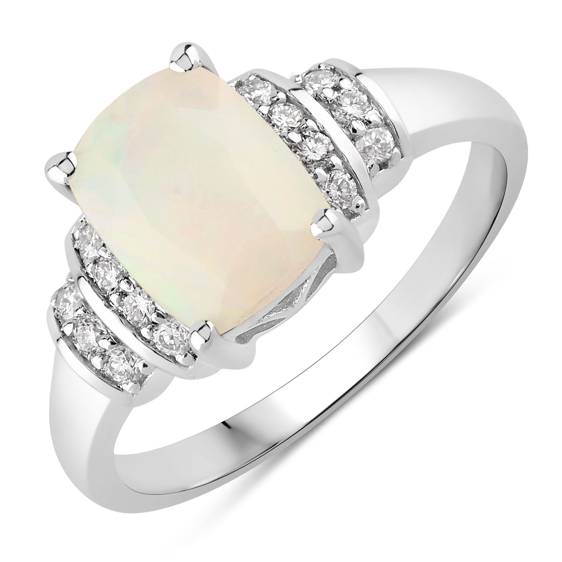 Plated Rhodium 1.0ct Ethiopian Opal and Lab Diamond Ring: Ethiopian Opal Cushion/9x7mm - 1/1.00 ctw Prong Setting Natural Not Treated N + Lab Grown Diamond Round/1.40mm - 14/0.18 ctw. Ring size 7.