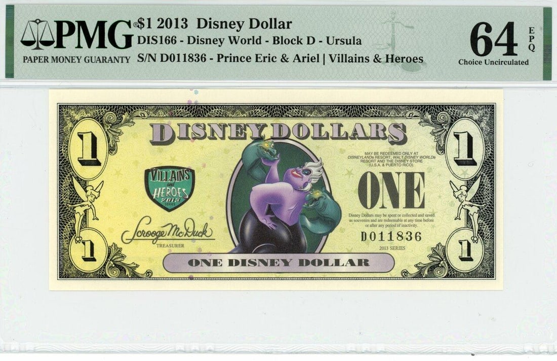 2013 $1 Ursula Disney Dollar PMG 64EPQ: One 2013 $1 Ursula Disney Dollar PMG 64EPQ.