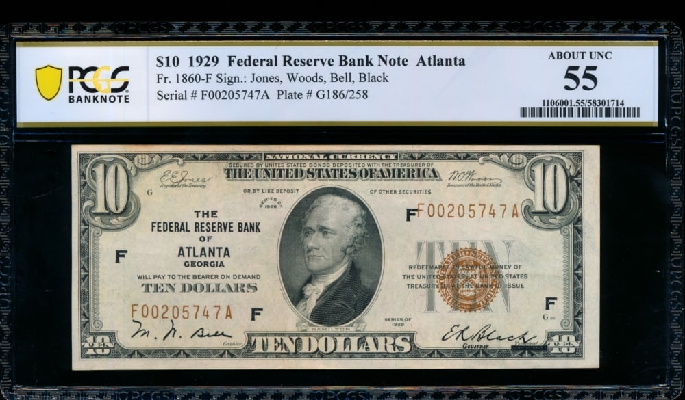 1929 $10 Atlanta FRBN PCGS 55