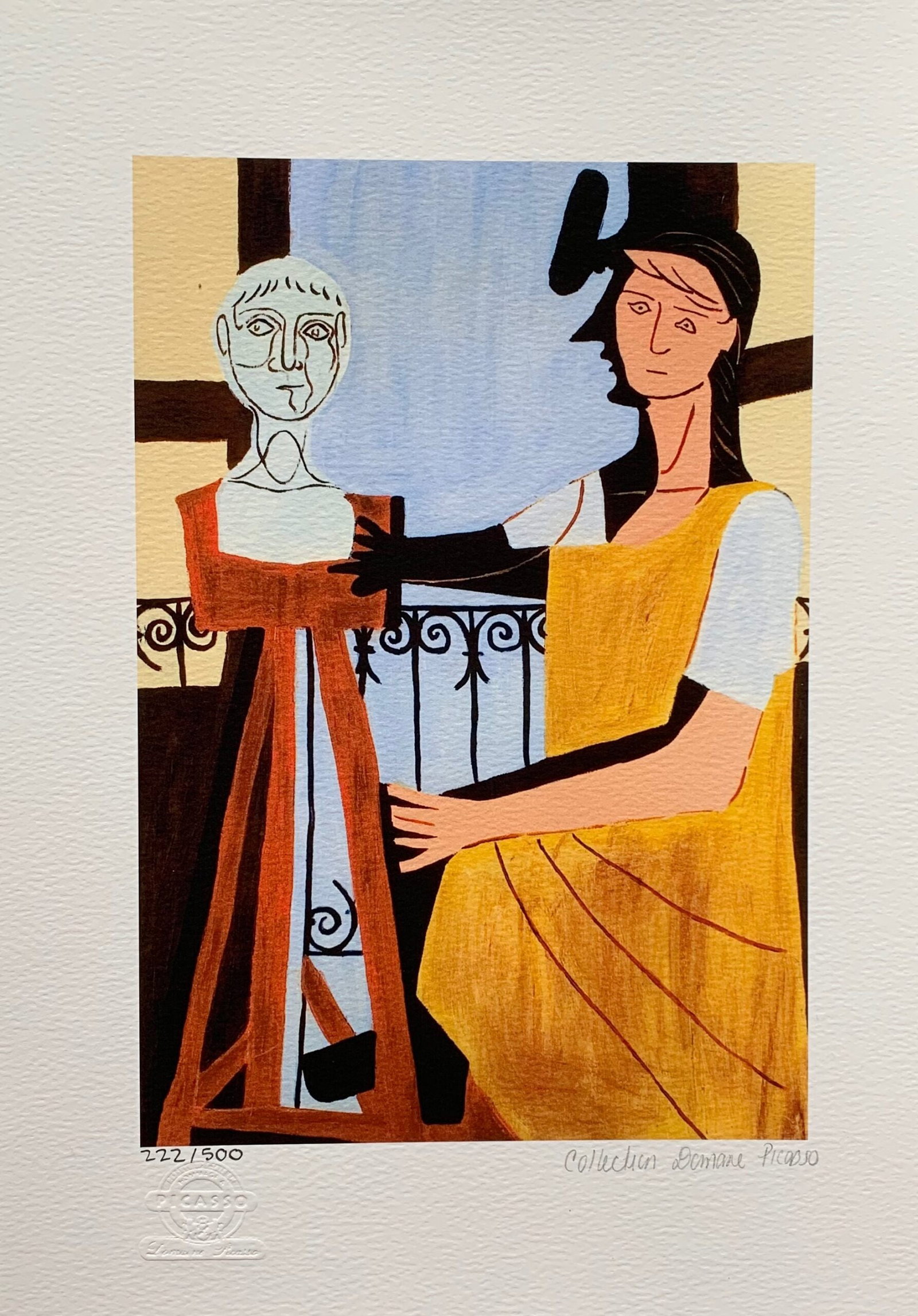 Pablo Picasso WOMAN WITH SCULPTURE Estate Signed Limited Edition Giclee: This is a PABLO PICASSO (ESTATE COLLECTION DOMAINE) (1881-1973) small giclee titled Woman with Sculpture. This piece is pencil signed on the lower right as Collection Domaine Picasso and has an emboss