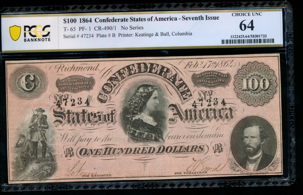 1864 $100 T-65 Confederate PCGS 64