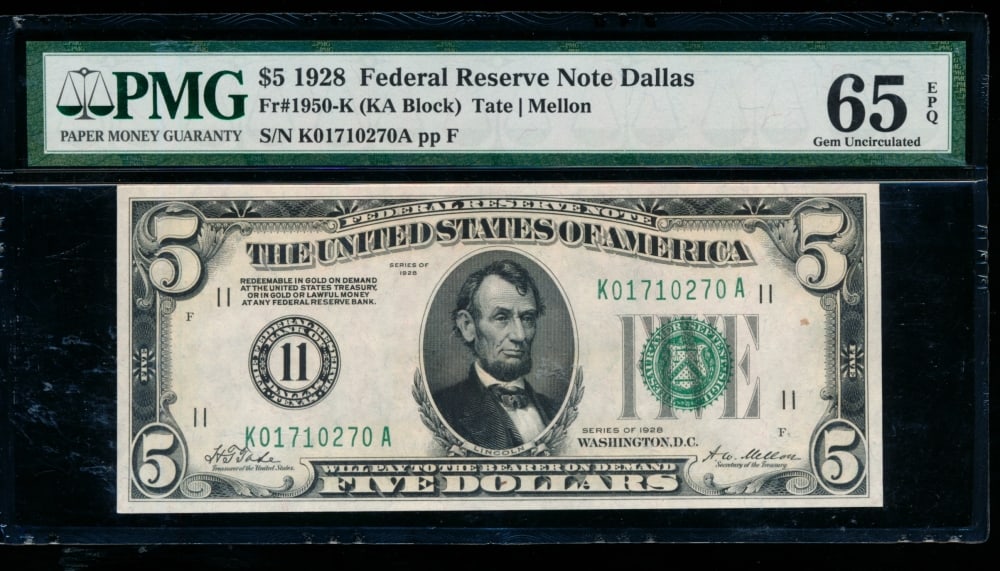 1928 $5 Dallas FRN PMG 65EPQ