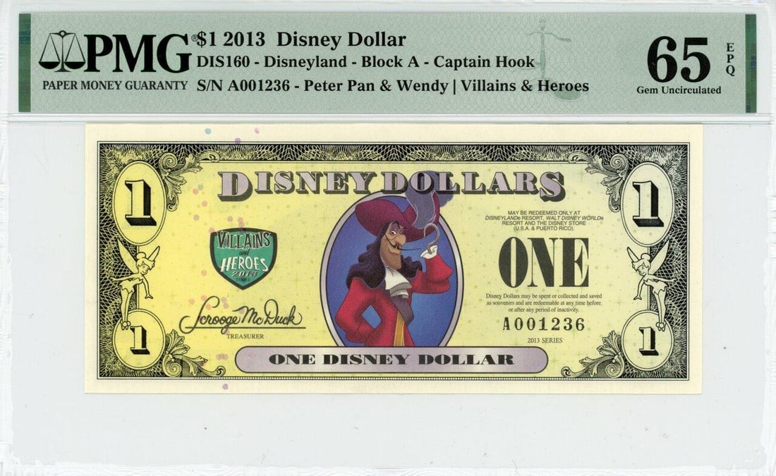 2013 $1 Captain Hook Disney Dollar PMG 65EPQ (1 of 2)