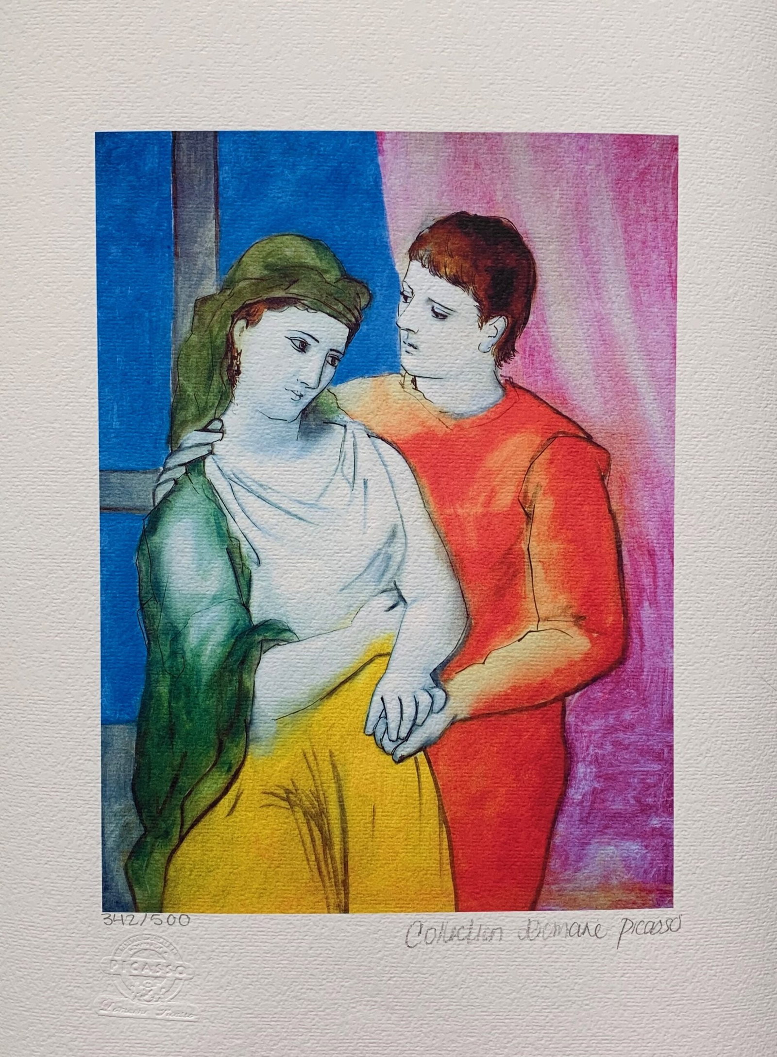 Pablo Picasso THE LOVERS (CLOTHED) Estate Signed Limited Edition Giclee: This is a PABLO PICASSO (ESTATE COLLECTION DOMAINE) (1881-1973) small giclee titled The Lovers (Clothed). This piece is pencil signed on the lower right as Collection Domaine Picasso and has an emboss