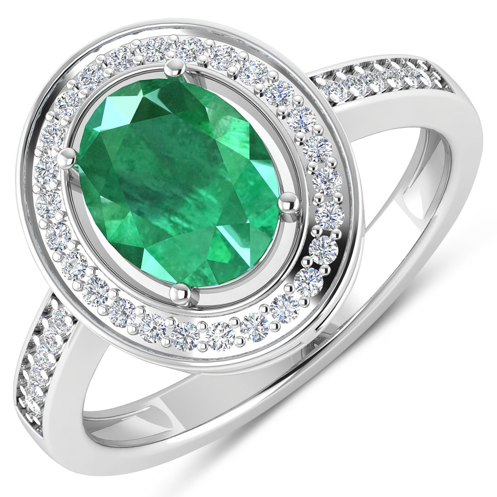 14KT White Gold 1.53ctw Zambian Emerald and Diamond Ring: Zambian Emerald (AA) Oval 9x7mm - 1Pc + White Diamond F/C Round 1.10mm - 26Pcs + White Diamond F/C Round 1.00mm - 12Pcs (I1-I2/I color) Total weight of gemstone is 1.53cts. Total Diamond weight is