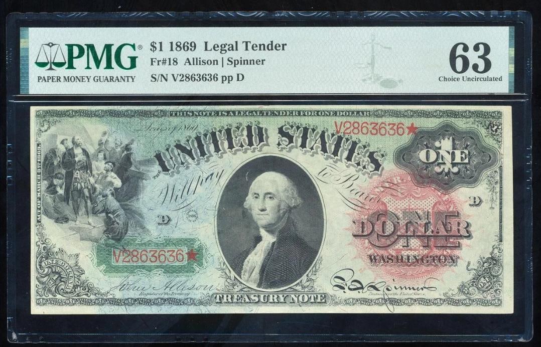 1869 $1 Rainbow Legal Tender Note PMG 63: One 1869 $1 Rainbow Legal Tender Note PMG 63.
