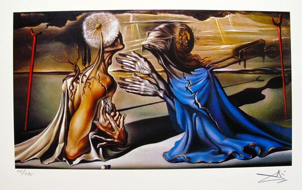 Salvador Dali TRISTAN AND ISOLDE Facsimile Signed & Numbered Giclee: This is a limited edition giclee titled TRISTAN AND ISOLDE by Salvador Dali. This piece is facsimile signed on the lower right. Pencil numbered from an edition of 375. Paper measures 9 inches x 14