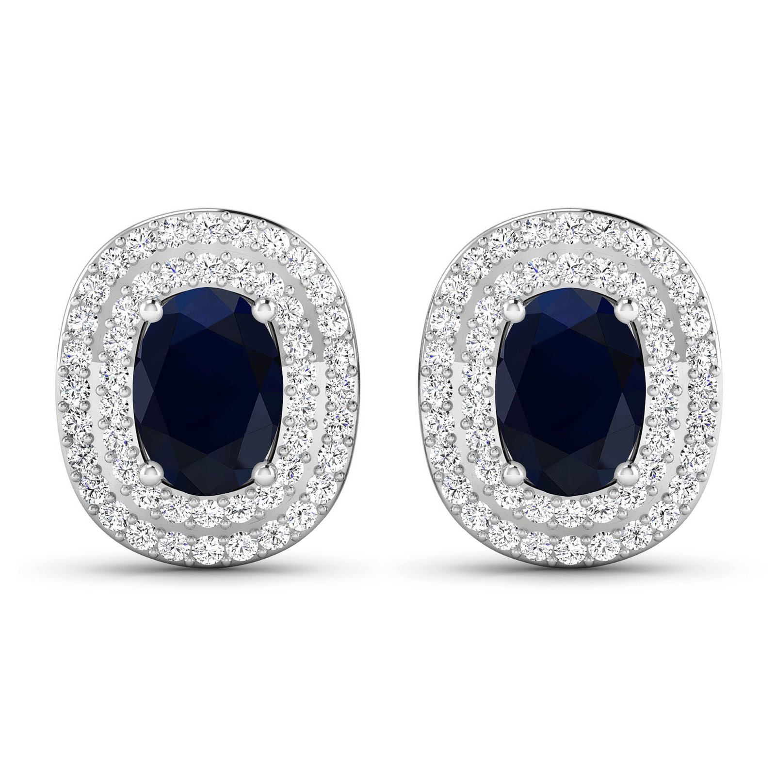 14KT White Gold 1.5ctw Blue Sapphire and Diamond Earrings: Blue Sapphire (AA) Oval 7x5mm - 2Pcs + White Diamond F/C Round 1.00mm - 100Pcs (I1-I2/I color) ( Push Post ) Total weight of gemstones is 1.5cts. Total Diamond weight is 0.45cts. Total weight of