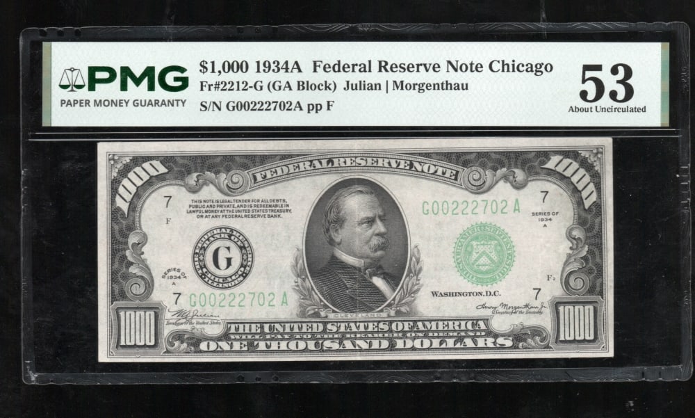 1934A $1000 Chicago FRN PMG 53: One 1934A $1000 Chicago FRN PMG 53.