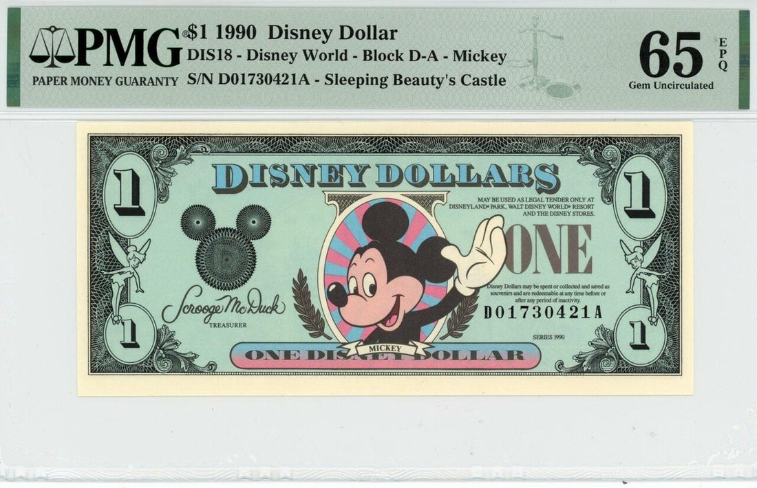 1990 $1 Mickey Disney Dollar PMG 65EPQ (1 of 2)