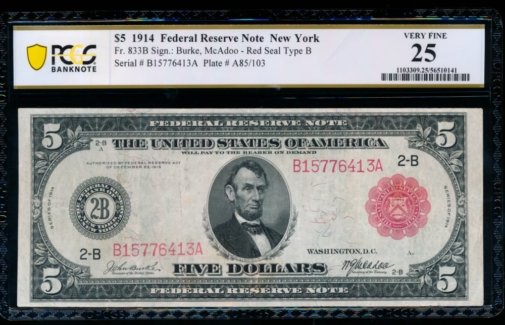 1914 $5 Red Seal New York FRN PCGS 25