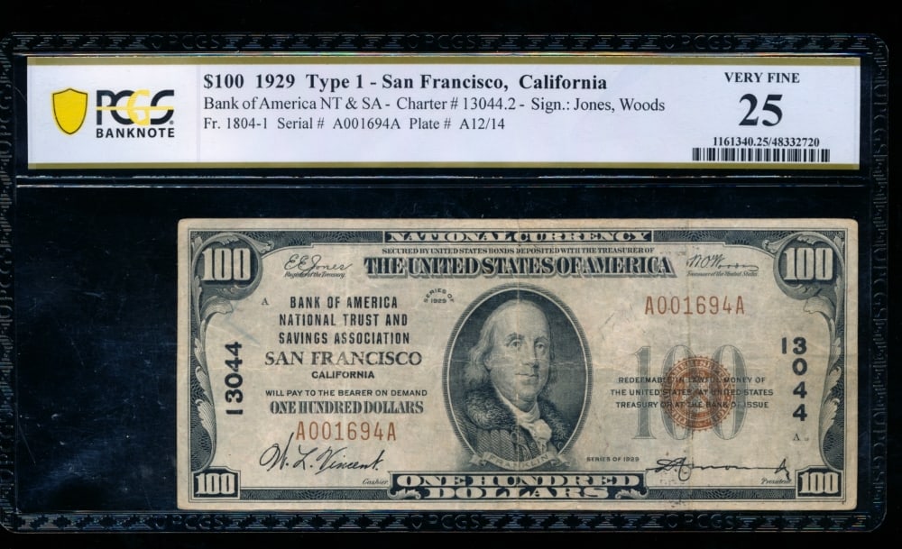 1929 $100 San Francisco CA National PCGS 25 (1 of 2)