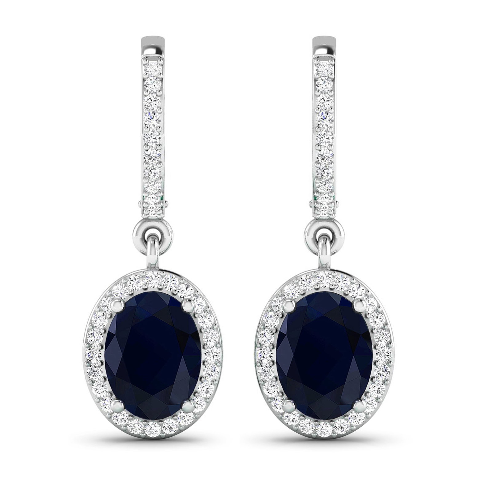 14KT White Gold 2.6ctw Blue Sapphire and Diamond Earrings: Blue Sapphire (AA) Oval 8x6mm - 2Pcs + White Diamond F/C Round 1.00mm - 70Pcs ( Clip On ) ( I1-I2/I color ) Total weight of gemstones is 2.6cts. Total Diamond weight is 0.32cts. Total weight of these 