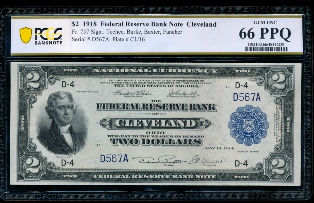 1918 $2 Cleveland FRBN PCGS 66PPQ