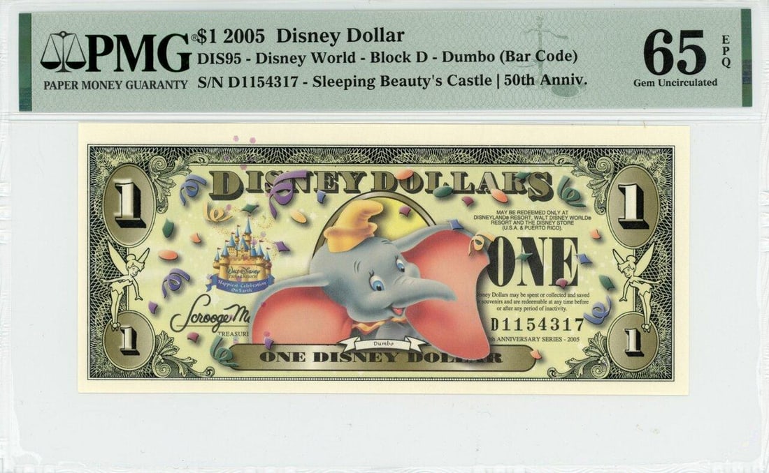 2005 $1 Dumbo Disney Dollar PMG 65EPQ: One 2005 $1 Dumbo Disney Dollar PMG 65EPQ.