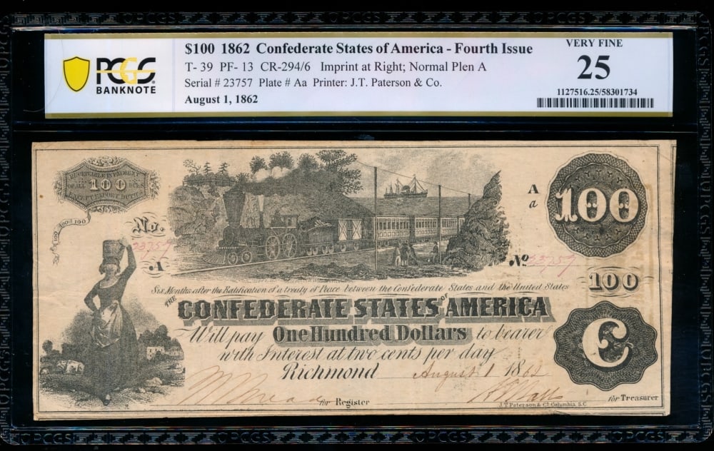 1862 $100 T-39 Confederate PCGS 25: One 1862 $100 T-39 Confederate PCGS 25.