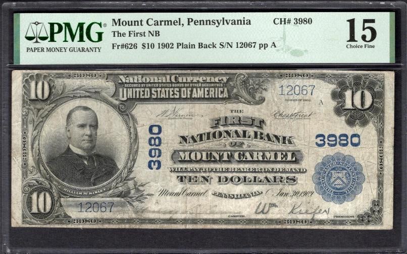 1902 $10 Mount Carmel PA National PMG 15 (1 of 2)