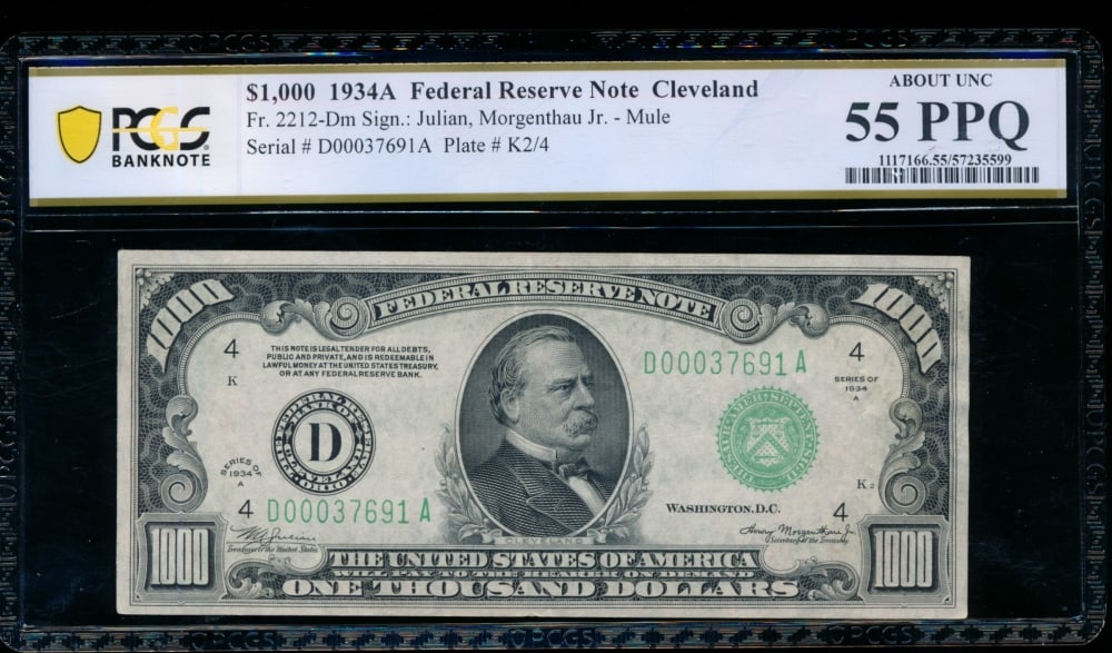 1934A $1000 Cleveland FRN PCGS 55PPQ