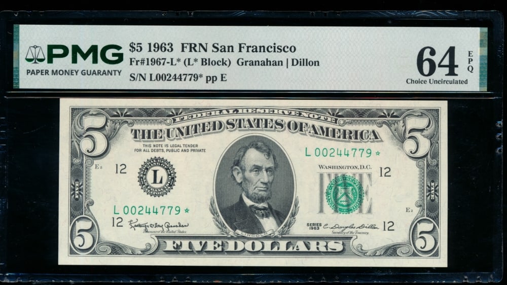 1963 $5 STAR San Francisco FRN PMG 64EPQ