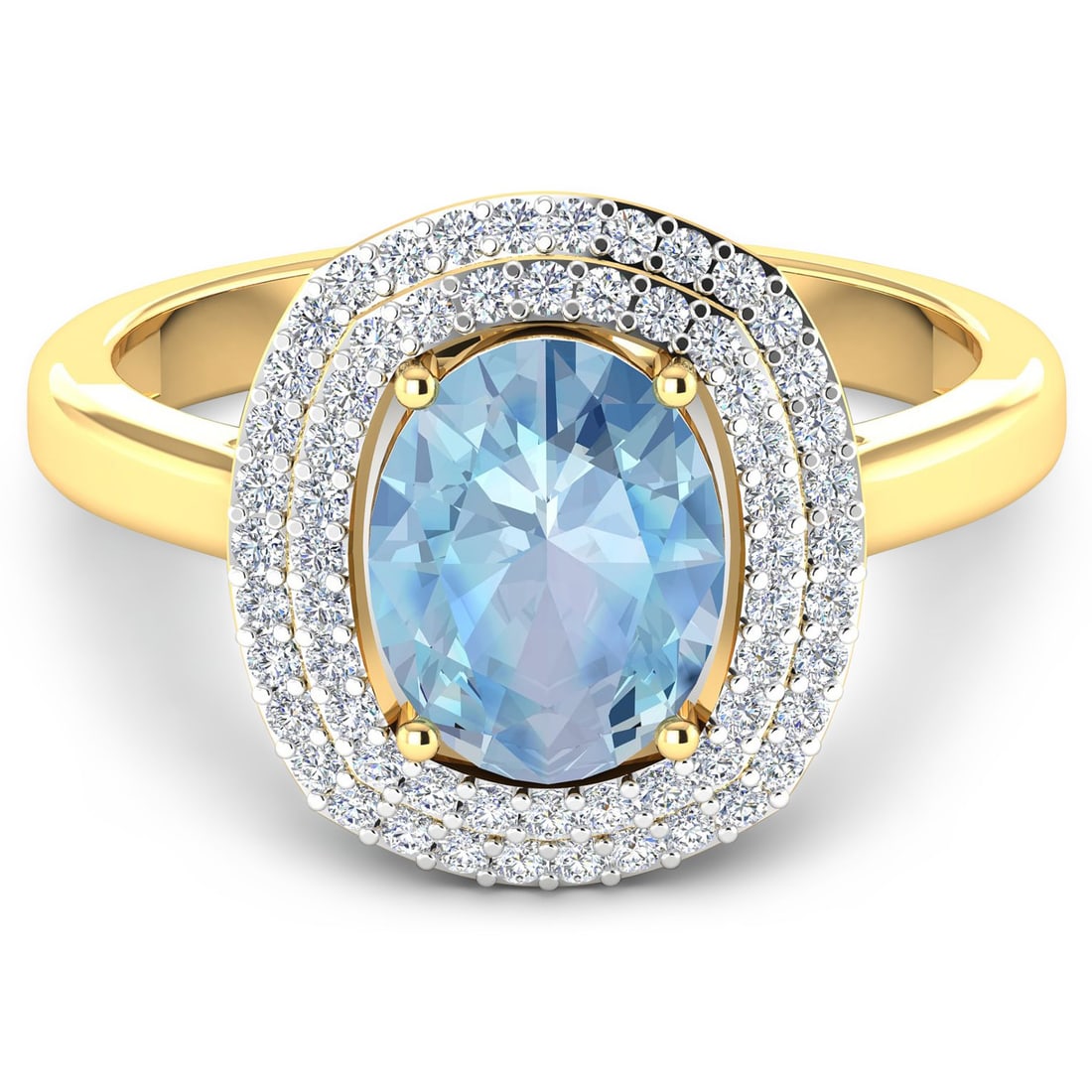 14KT Yellow Gold 1.28ct Aquamarine and Diamond Ring: 1 Aquamarine stone with a total weight of 1.28cts. Aquamarine (AA+) Oval 9x7mm - 1Pc + White Diamond F/C Round 1.00mm - 62Pcs (I1-I2/I color). 0.28cts of Diamonds. Total weight of this ring is 2.59 gr