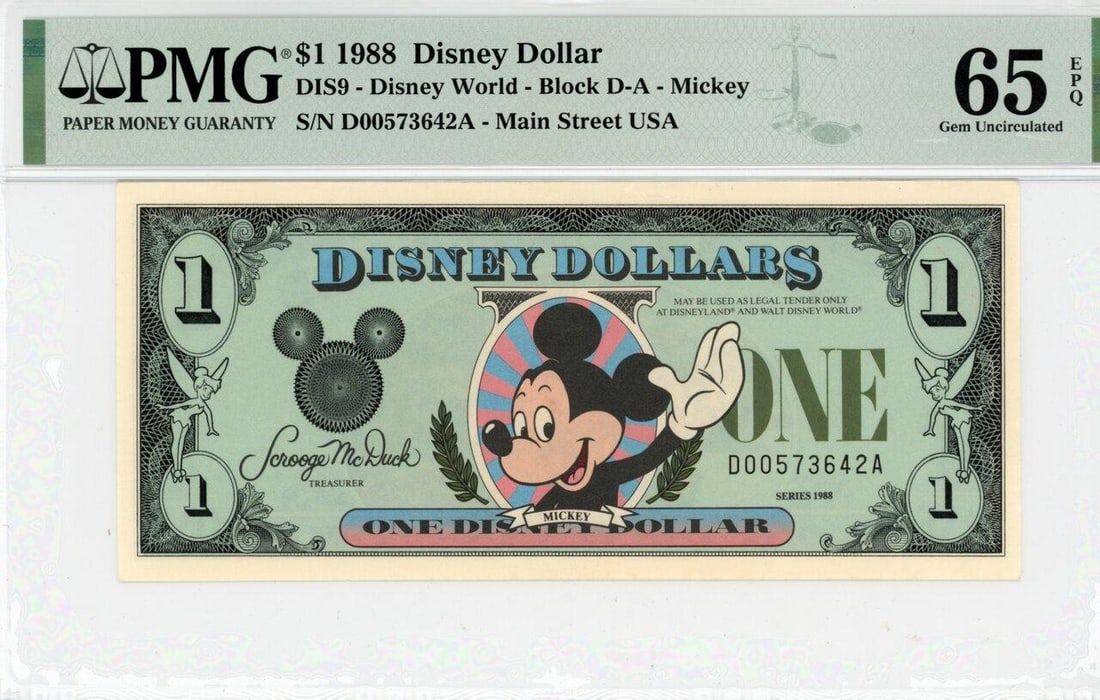 1988 $1 Mickey Disney Dollar PMG 65EPQ: One 1988 $1 Mickey Disney Dollar PMG 65EPQ.