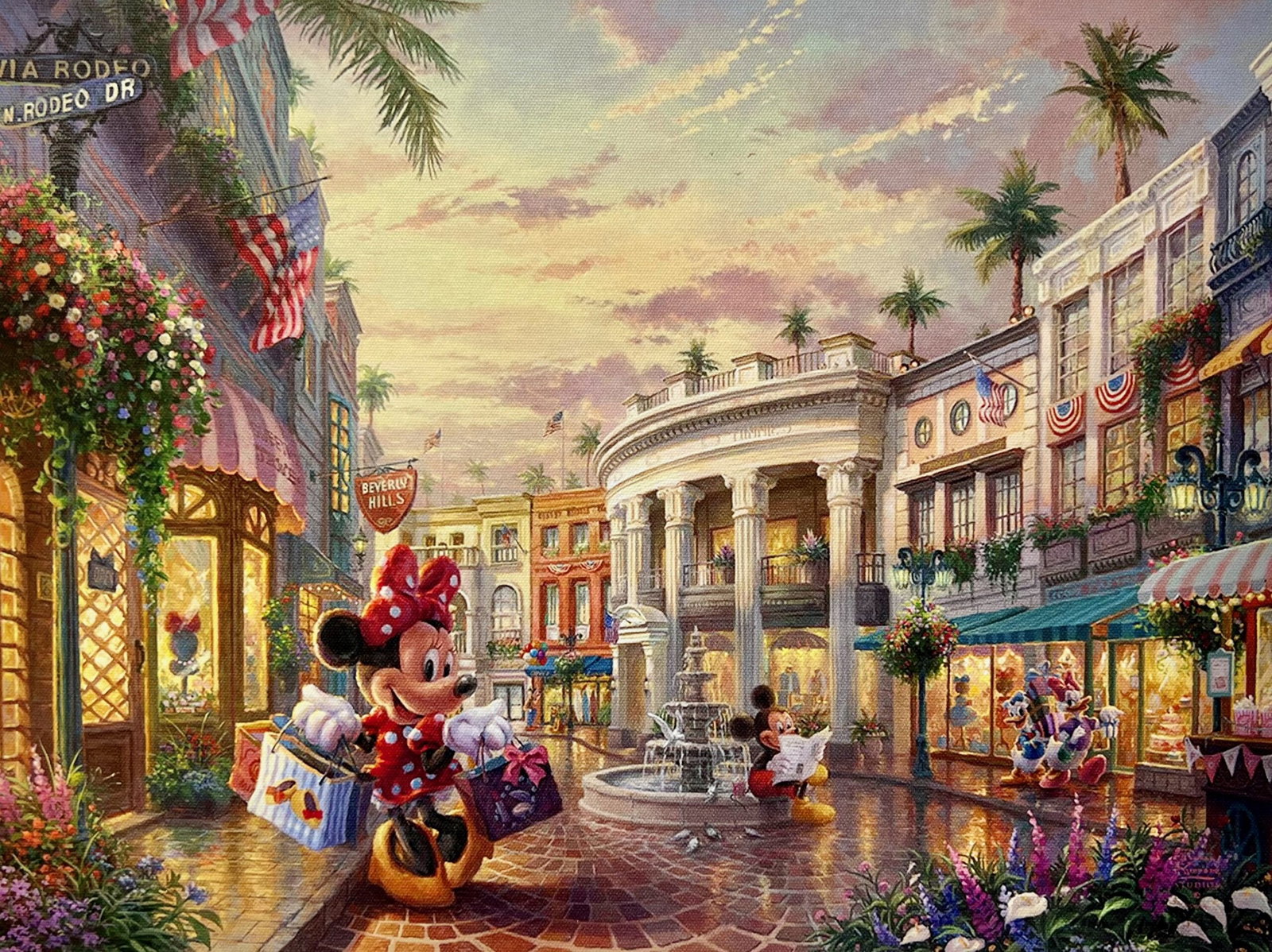 Thomas Kinkade Disney MICKEY & MINNIE MOUSE ON RODEO DRIVE BEVERLY HILLS Giclee on Canvas