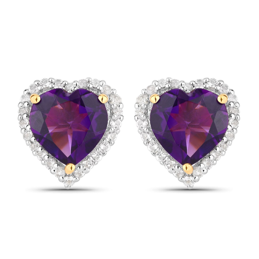 Plated 18KT Yellow Gold 3.48ctw Amethyst and White Topaz Earrings: These 18K yellow gold plated .925 sterling silver heart shaped earrings feature two natural 8mm heart cut amethysts totaling 3.00 carats, framed by forty eight round 1.20mm natural white topaz accents