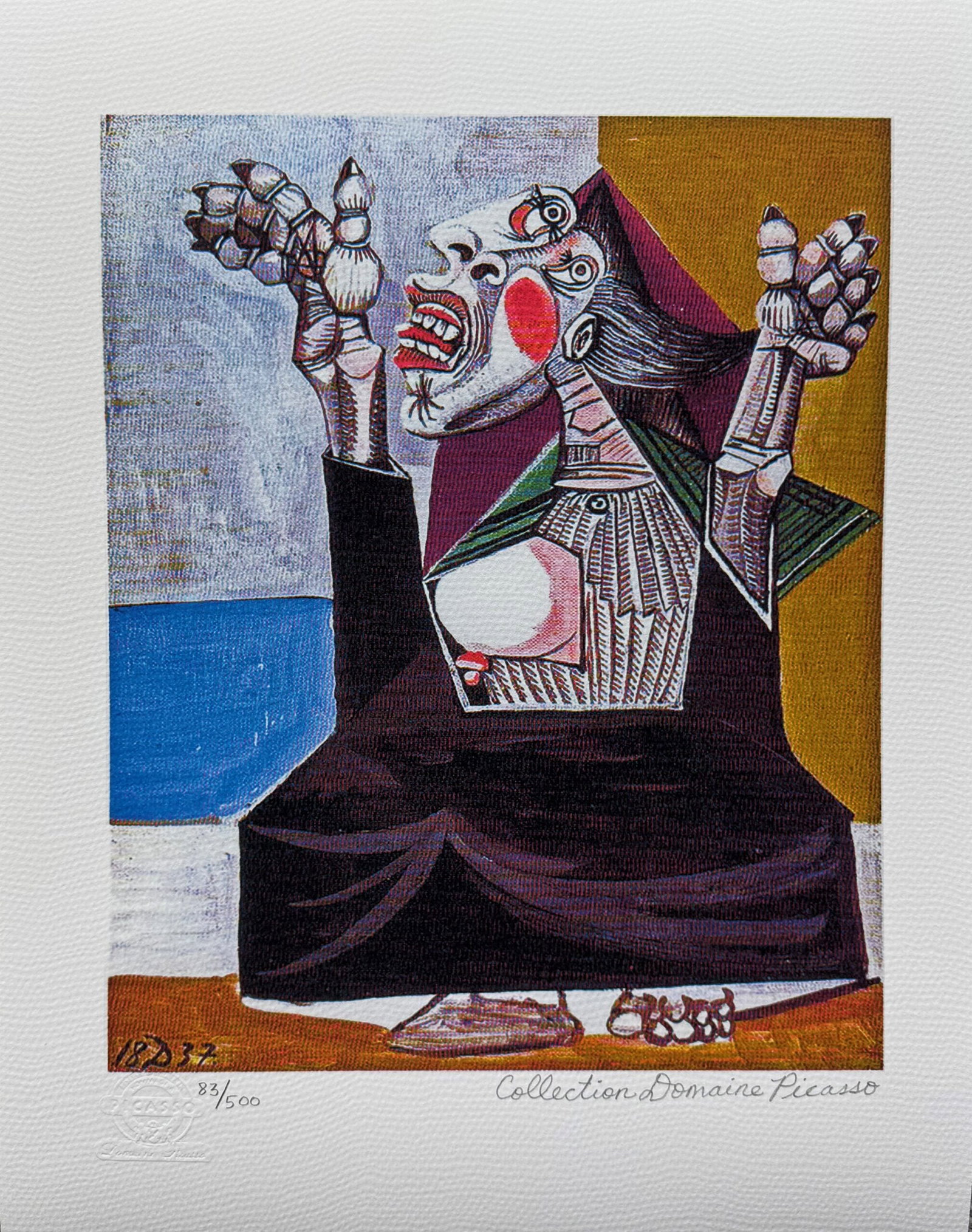 Pablo Picasso THE SUPPLIANT Estate Signed Limited Edition Giclee: This is a PABLO PICASSO (ESTATE COLLECTION DOMAINE) (1881-1973) giclee titled THE SUPPLIANT. This piece is pencil signed on the lower right as Collection Domaine Picasso and has an embossed seal stamp