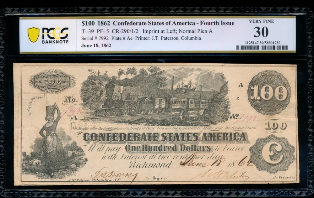1862 $100 T-39 Confederate PCGS 30