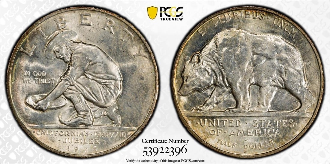 1925-S California Commemorative Half Dollar PCGS MS66: One 1925-S California Commemorative Half Dollar PCGS MS66.