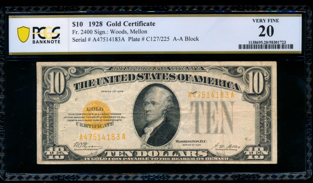 1928 $10 Gold Certificate PCGS 20