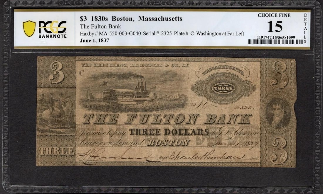 1830s $3 Boston MA Note PCGS 15