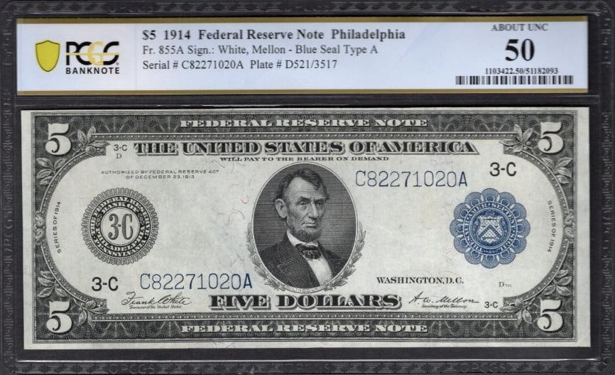 1914 $5 Philadelphia FRN PCGS 50