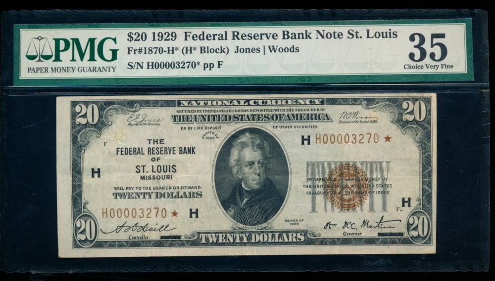 1929 $20 STAR St Louis FRBN PMG 35
