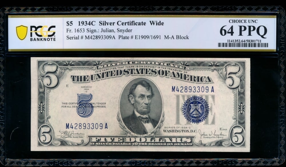 1934C $5 Silver Certificate PCGS 64PPQ